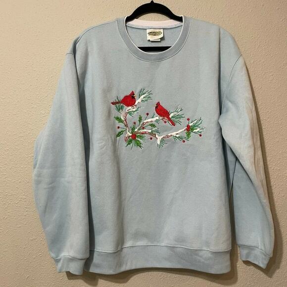 Collection Etc Christmas Blue Pre Shrunk Bird Embroidered Pullover Sweatshirt XL - Picture 1 of 7
